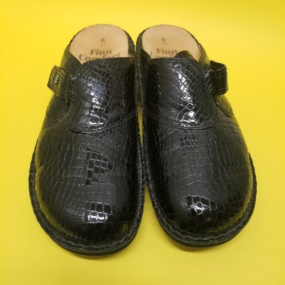 Finn Comfort womens 10 EUR 43 Black Patent Leather Croc Reptile Clogs Slide - Picture 3 of 10